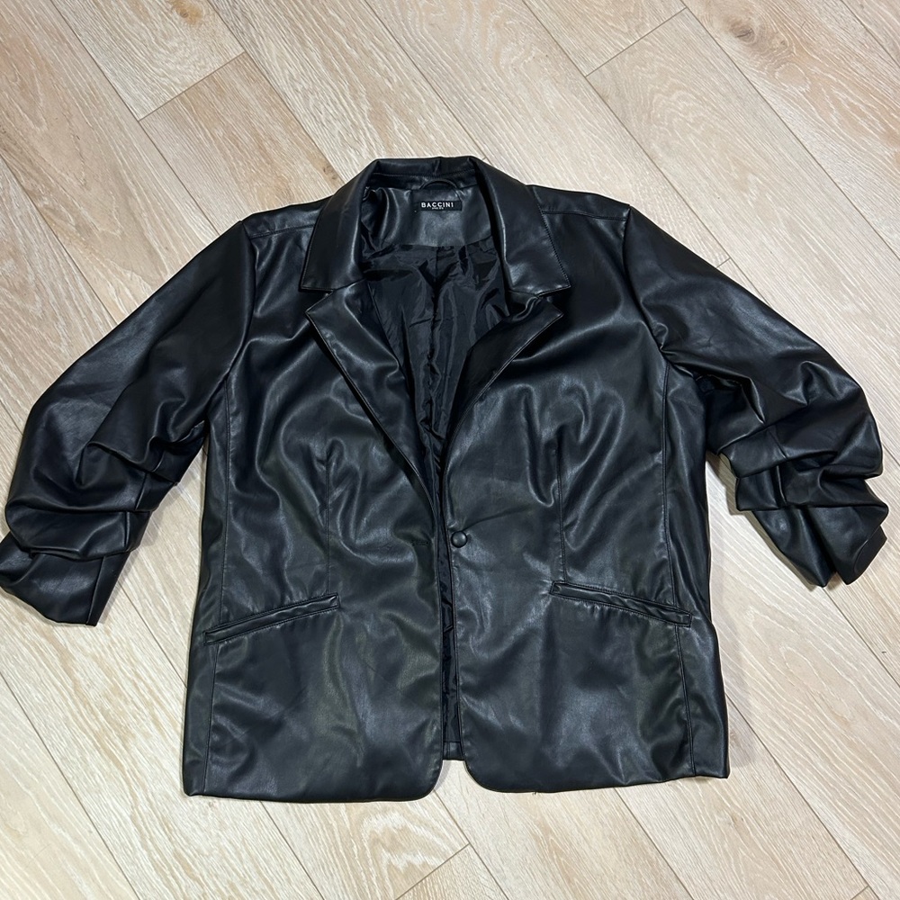 Ruched Sleeve Faux Leather Blazer